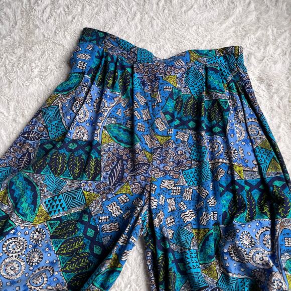 Vintage batik geometric patchwork print wide leg crop culotte palazzo pants blue - Picture 10 of 17